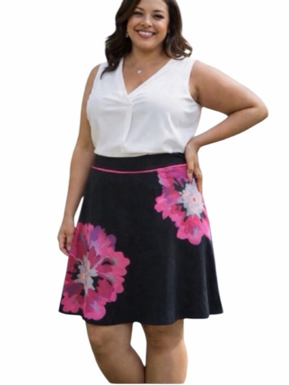 Lane Bryant Black A-Line Skirt with Pink Floral Print